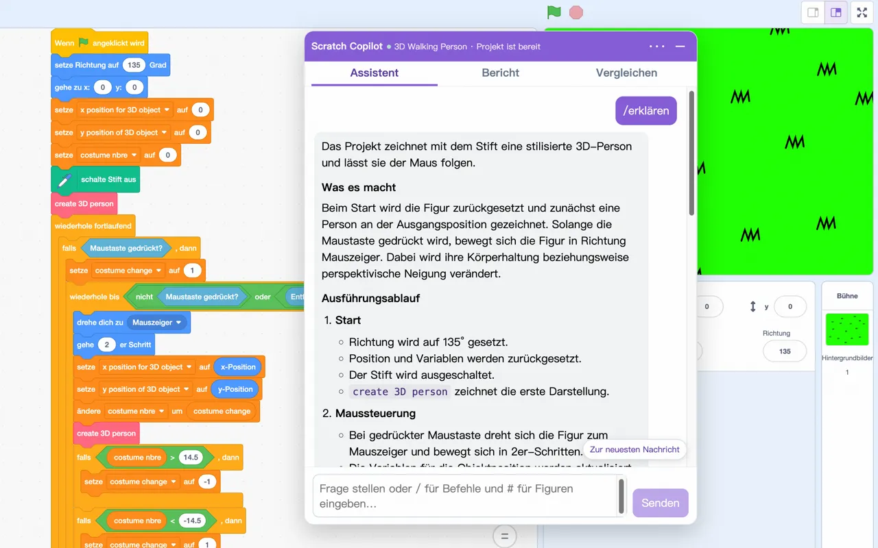 Scratch Copilot beantwortet eine Frage zu einem geöffneten Scratch-Projekt