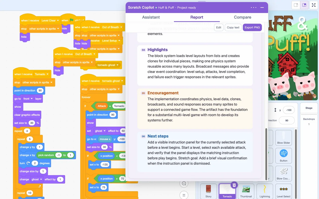 Teacher feedback generated from a Scratch project