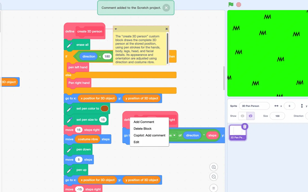 ScratchのブロックにAI生成コメントを追加