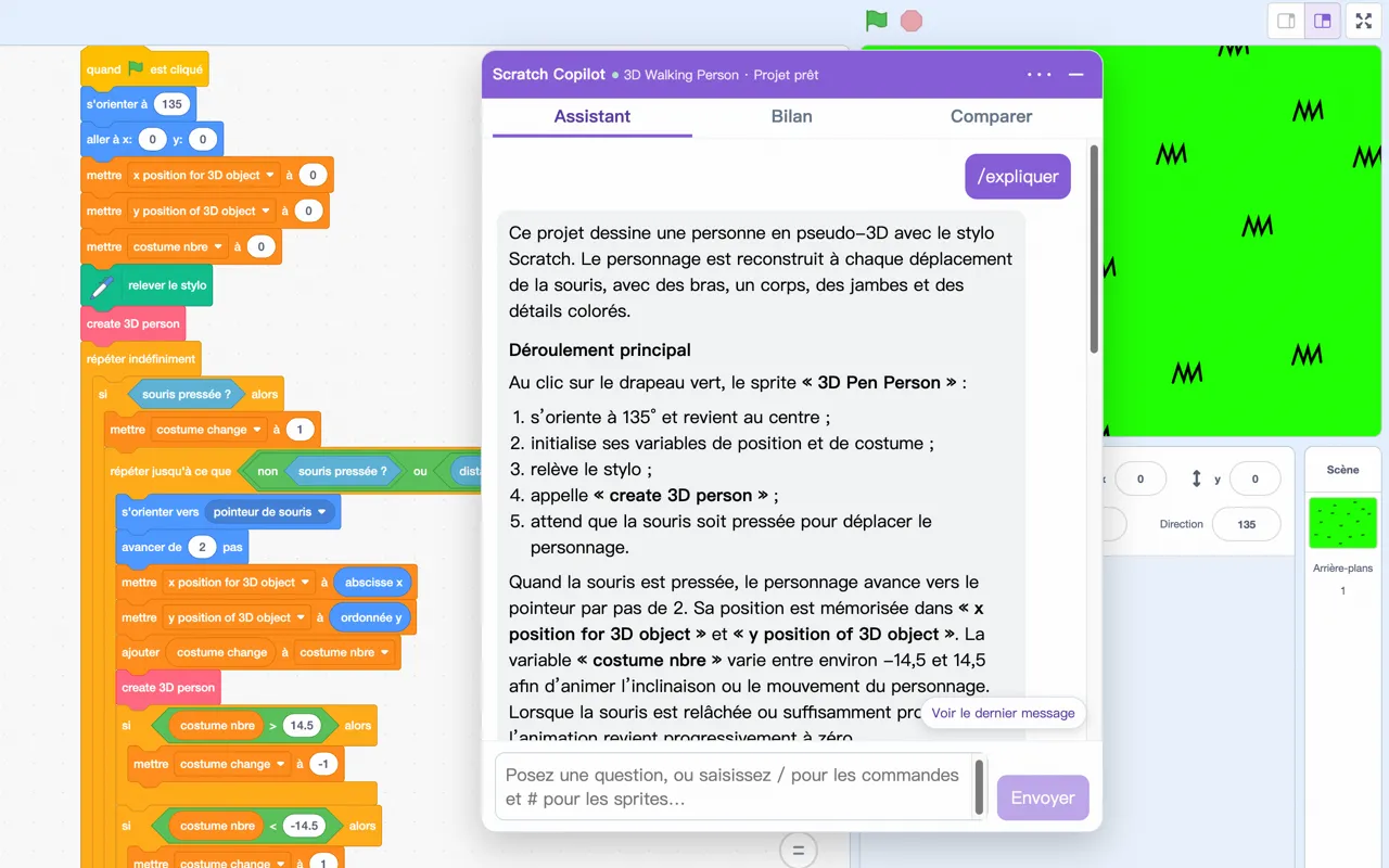 Scratch Copilot répond à une question sur un projet Scratch ouvert
