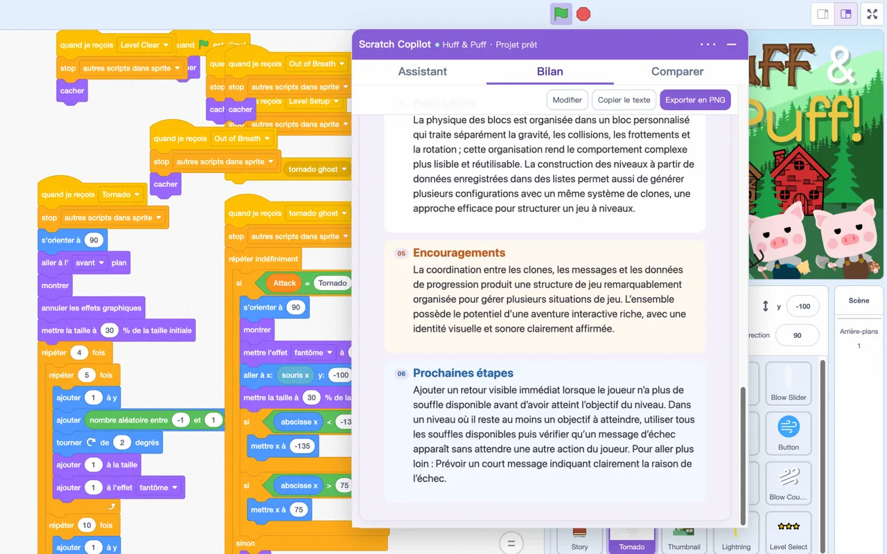 Appréciation pédagogique générée à partir d’un projet Scratch