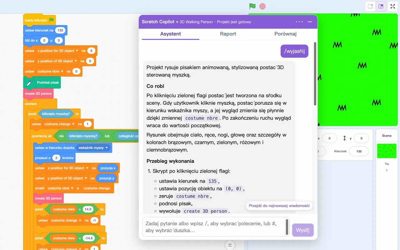 Scratch Copilot odpowiada na pytanie dotyczące otwartego projektu Scratch