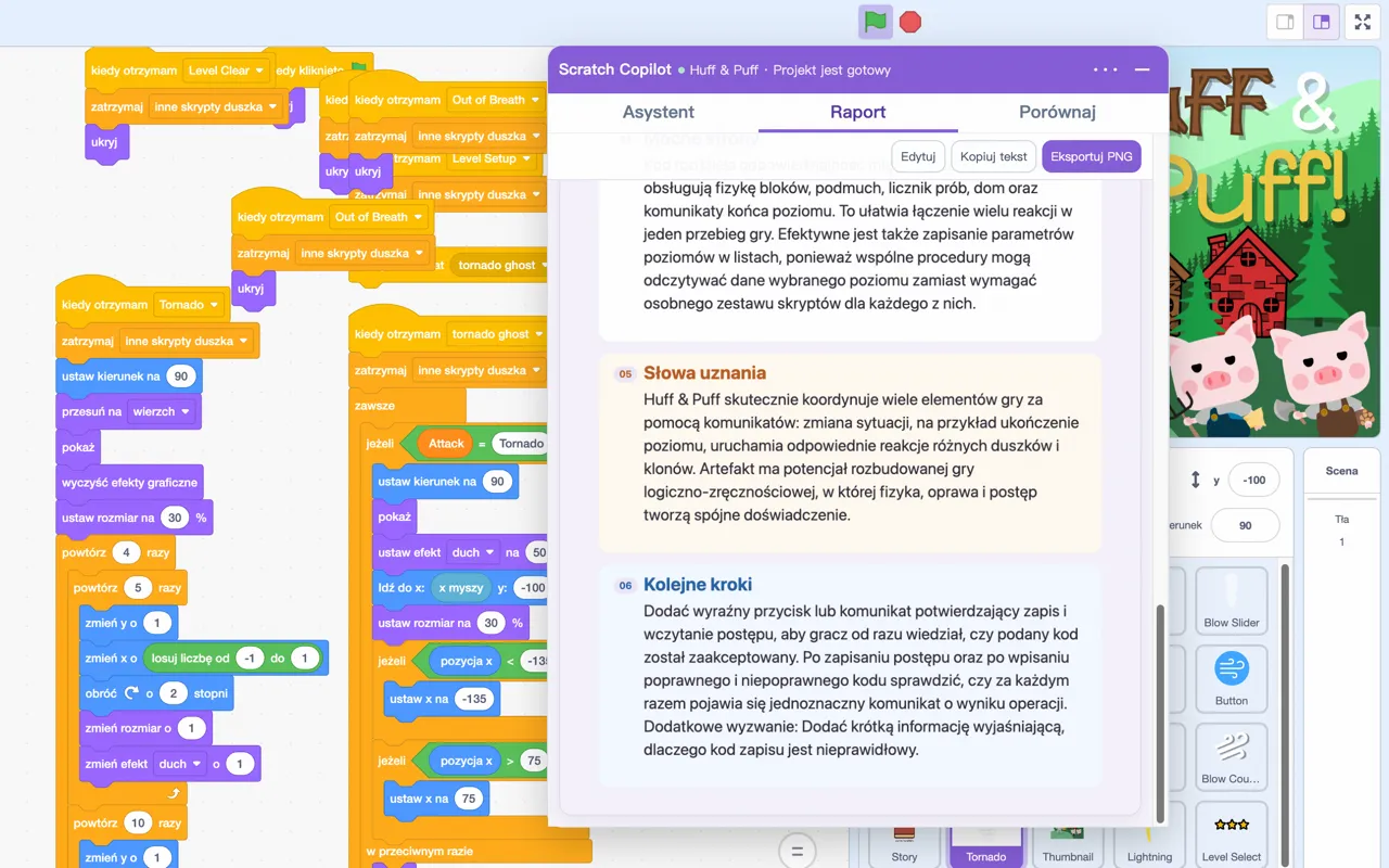 Informacja zwrotna wygenerowana na podstawie projektu Scratch