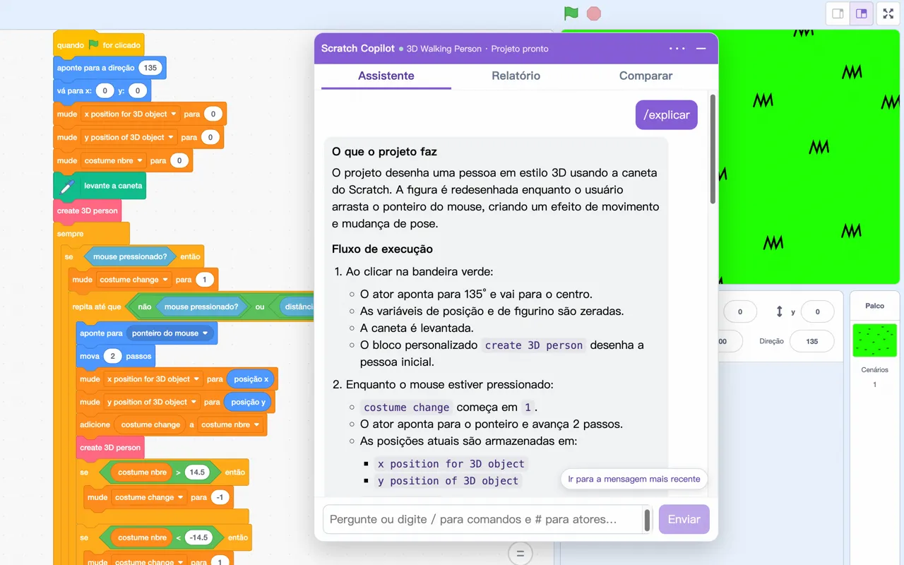 Scratch Copilot respondendo a uma pergunta sobre um projeto aberto no Scratch