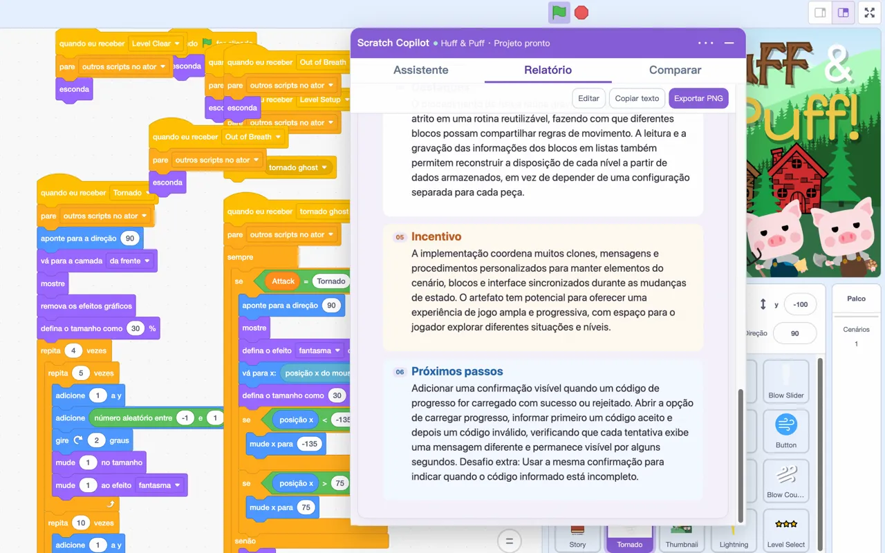 Feedback gerado a partir de um projeto do Scratch